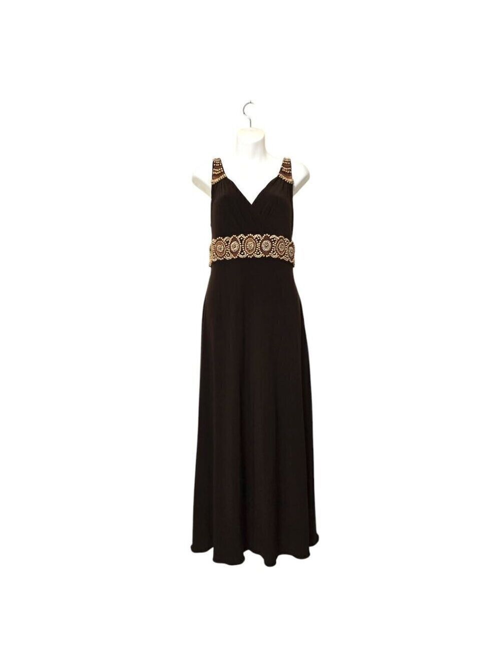 Adrianna Papell Vintage Brown Wrapped Bodice Beaded Detail Maxi Dress Sz 12